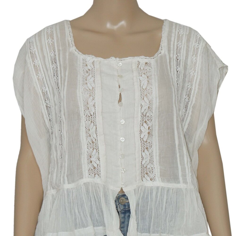 Free People FP One Georgia Blouse Top Lace Trim Capped Sleeve XS - Picture 8 of 10
